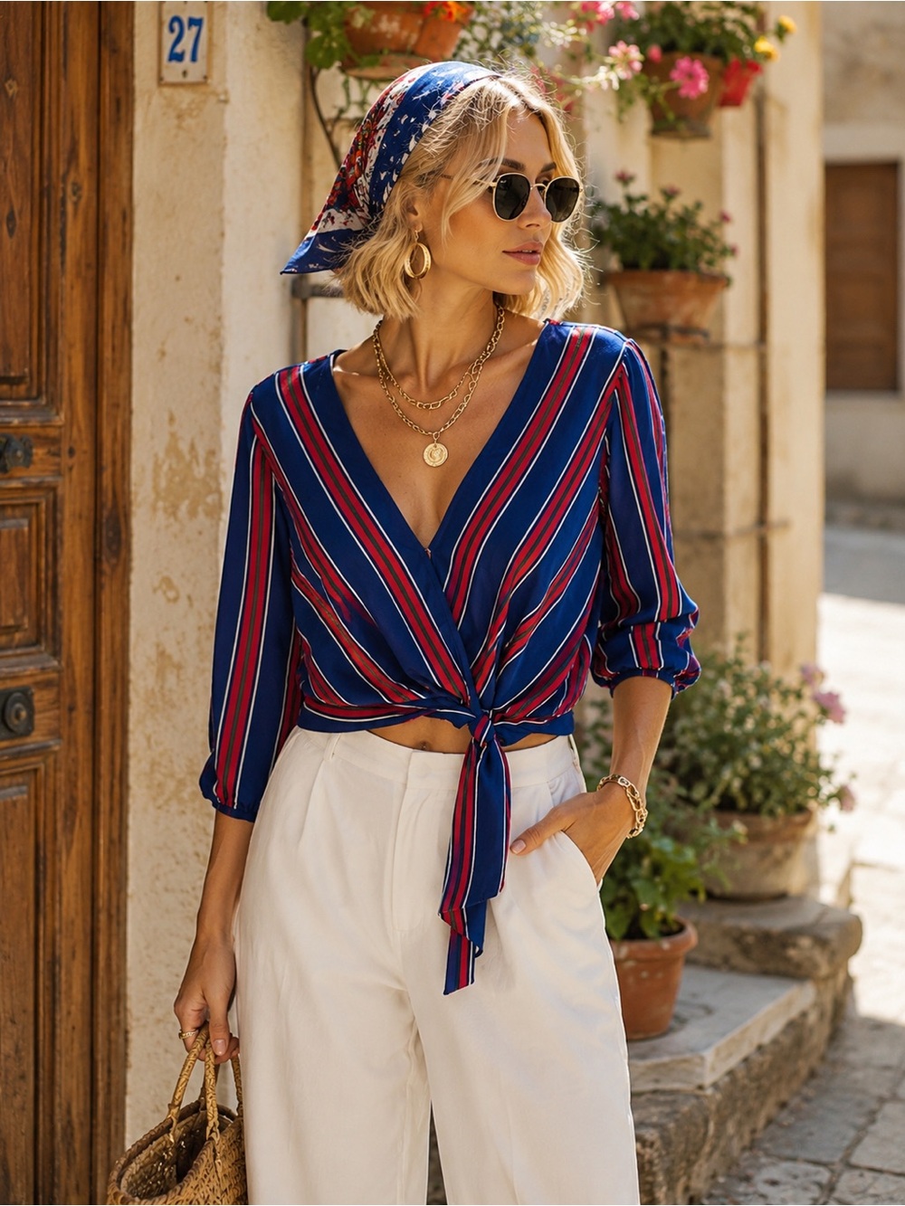 One Clothing Striped Blue Tie-Front Women's Top Sz L